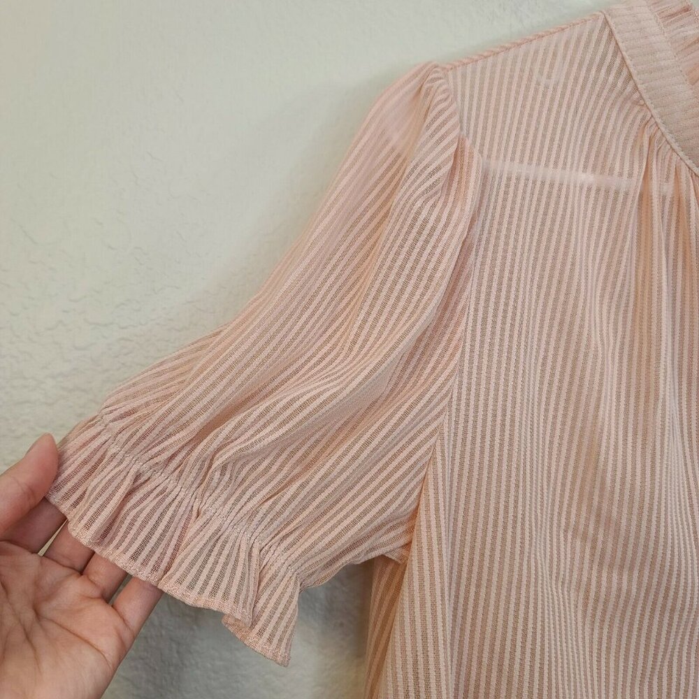 Story On Shirt Women Medium Pink Stripe Popover Sheer Peasant Boho Casual Summer - Picture 10 of 12